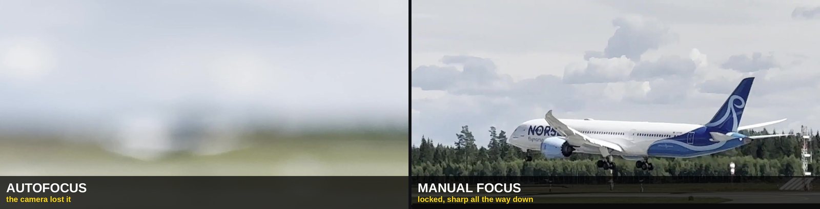 Side by side: the same Boeing 787 on approach, blurred beyond recognition when the camera's autofocus loses it, and sharp with focus set manually