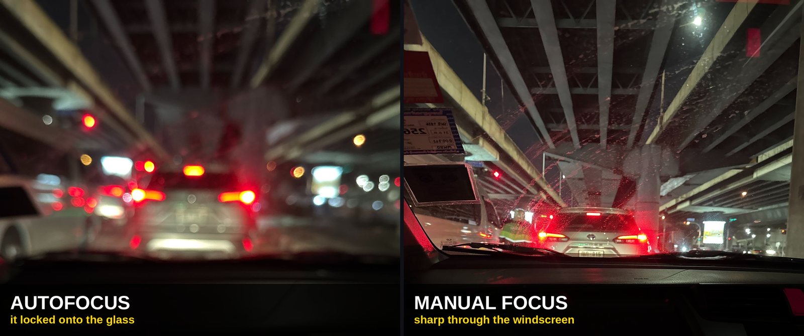 Side by side at night through a car windscreen: traffic reduced to blurred light blobs when the camera focuses on the glass, and the same traffic sharp enough to read the number plate with focus set manually