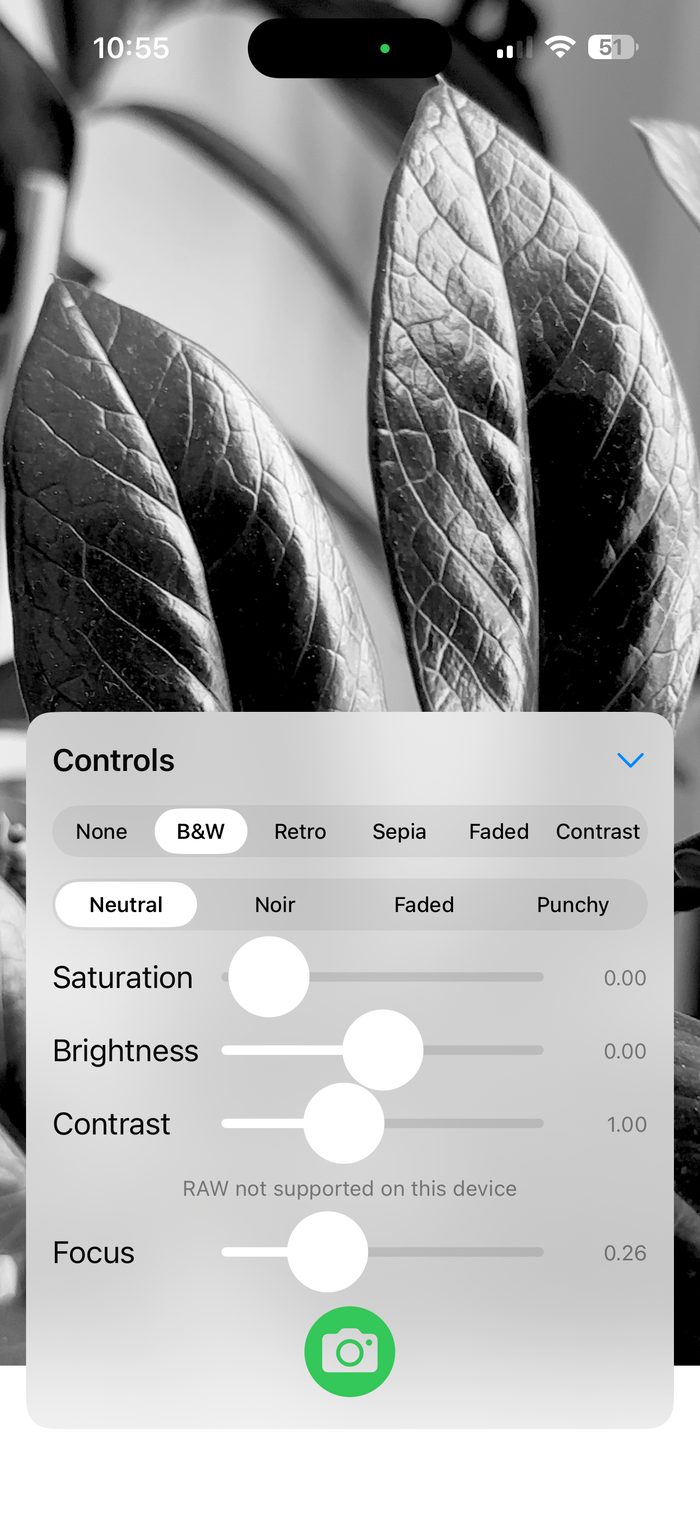 Settings screen for filters and capture options